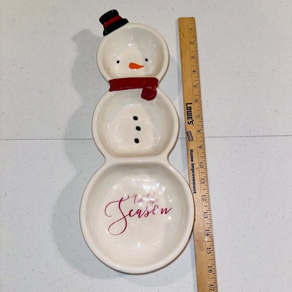 Ceramic Snowman 3 Section Server Dish Tis The Season By Grasslands Road - Picture 11 of 14